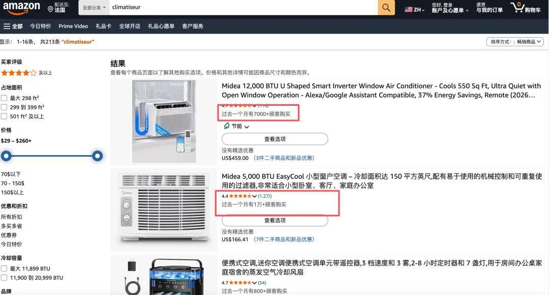 Chinese AC sales on European e-commerce platform